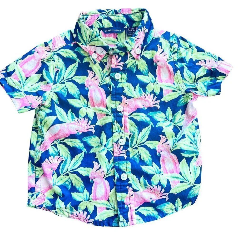 Janie and Jack Tropical Bird Pink Cockatoo Poplin Button Down Shirt Size 6-12M